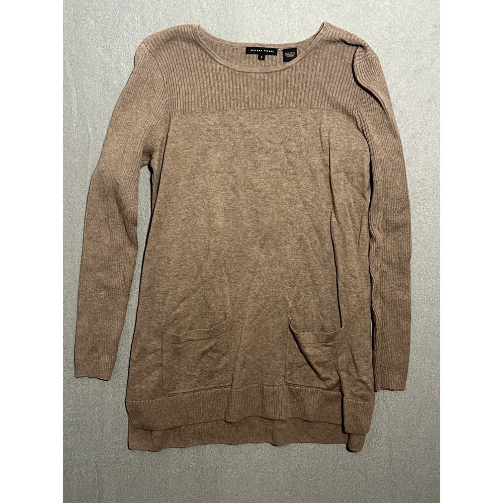 Jeanne Pierre Women's Tan Cotton Pullover Sweater Size S Ribbed Pockets Tunic